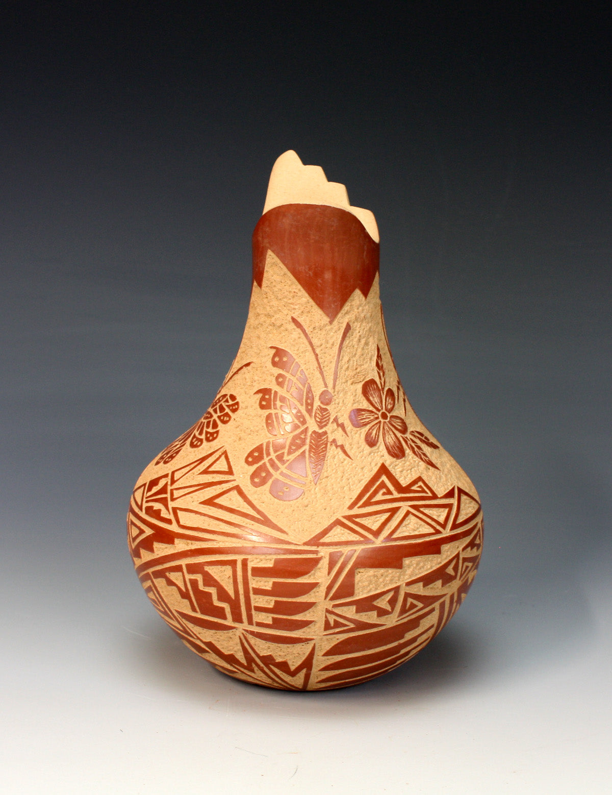 Jemez Pueblo American Indian Pottery Butterfly Etched Vase - Georgia Vigil