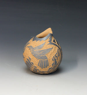 Jemez Pueblo American Indian Pottery Hummingbird Etched Vase - Georgia Vigil
