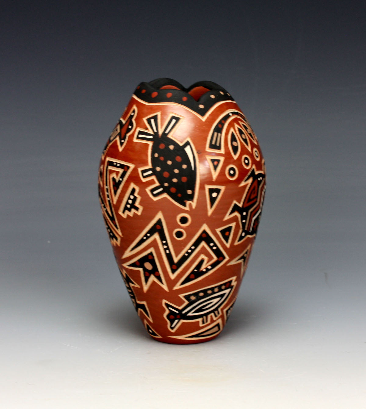 Jemez Pueblo American Indian Pottery Turtle & Fish Vase - Glendora Fragua