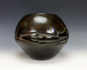 Santa Clara Pueblo Indian Pottery Black Carved Large Bowl  - Billy Cain