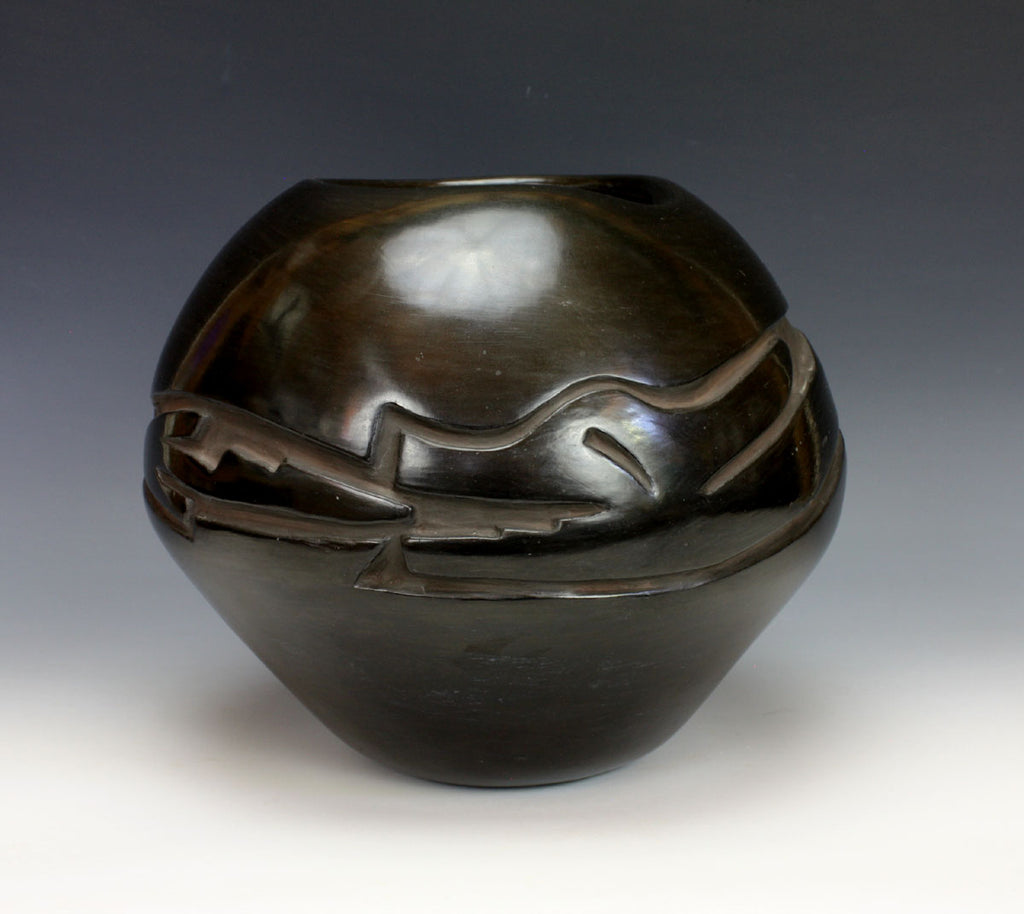 Santa Clara Pueblo Indian Pottery Black Carved Large Bowl  - Billy Cain