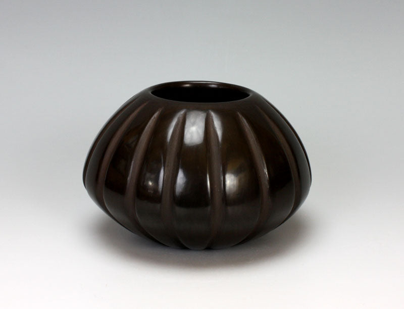 Santa Clara Pueblo Indian Pottery Carved Black Melon Jar - David Baca