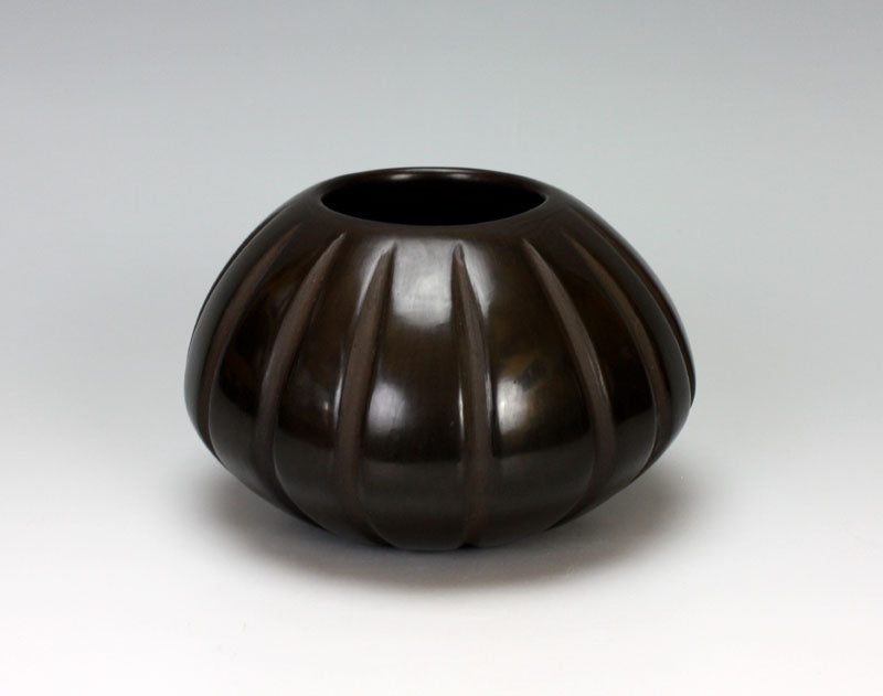 Santa Clara Pueblo Indian Pottery Carved Black Melon Jar - David Baca