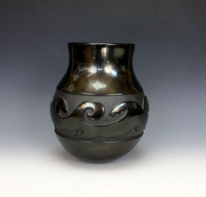 Santa Clara Pueblo Indian Pottery Carved Black Avanyu Jar - Daryl Whitegeese